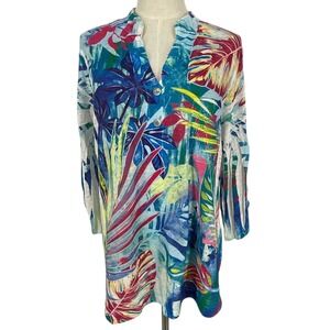 Impulse California Tropical Leaf Print Tunic Top Women's Size L Coastal Beachy